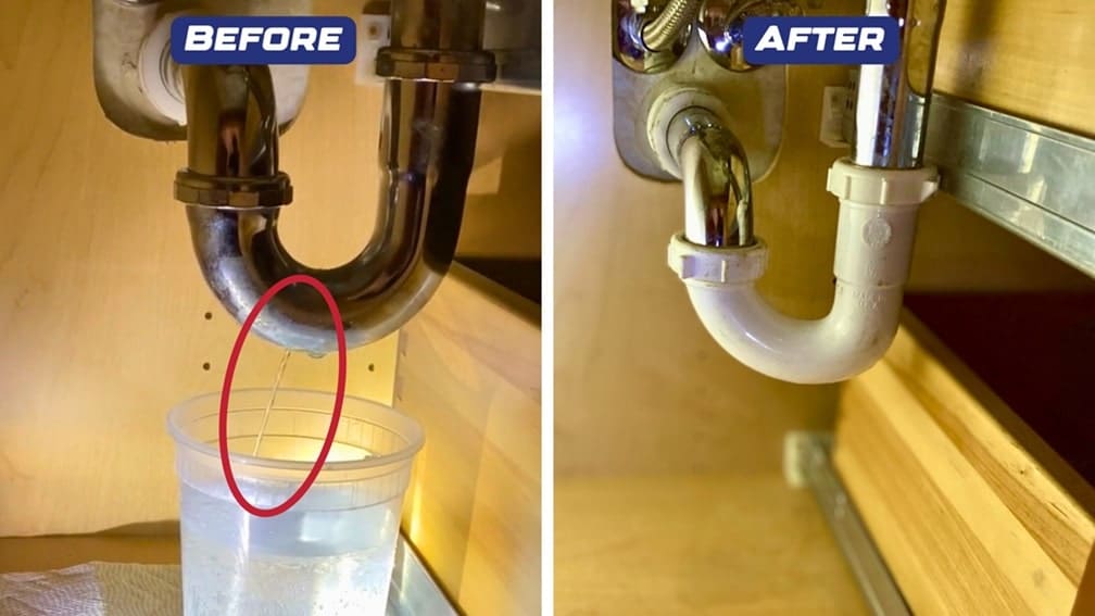 before and after photos of sink leak and the fix