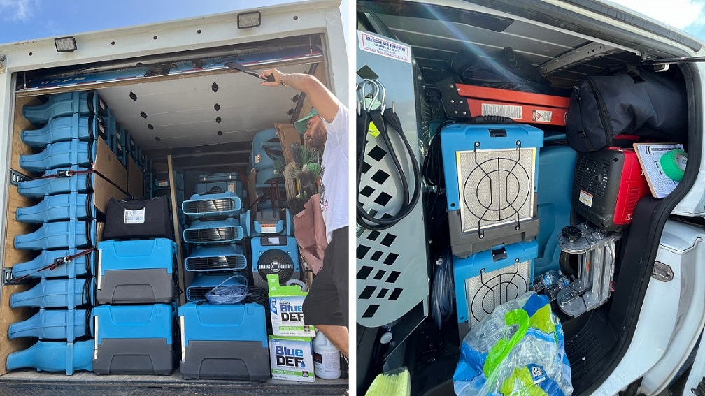 Trucks are packed with our equipment and tools.