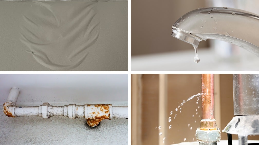 signs of leaks, water-damaged wall, leaky faucet, rusty pipe, and drain pipe leaking water