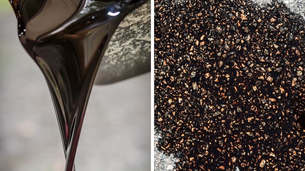 oil spilling on the left and oil spilled on cement on right
