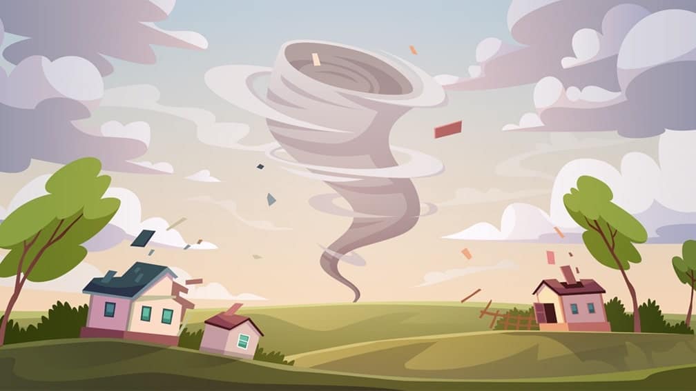 Cartoon tornado above rural landscape