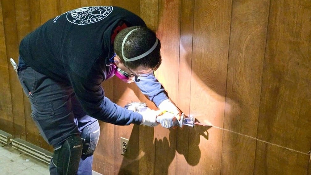 flood cuts to water-damaged basement walls